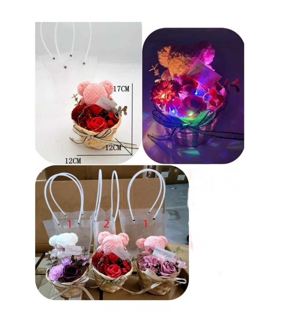 4pc Bear rose basket with lights