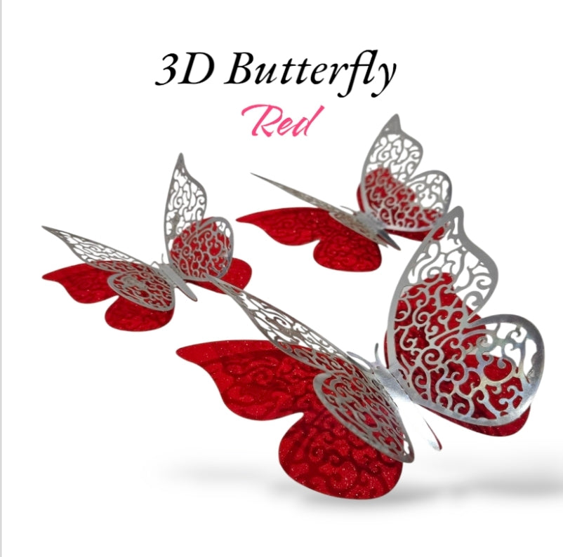 12pc-RED-3D Double Layer Glitter Butterfly