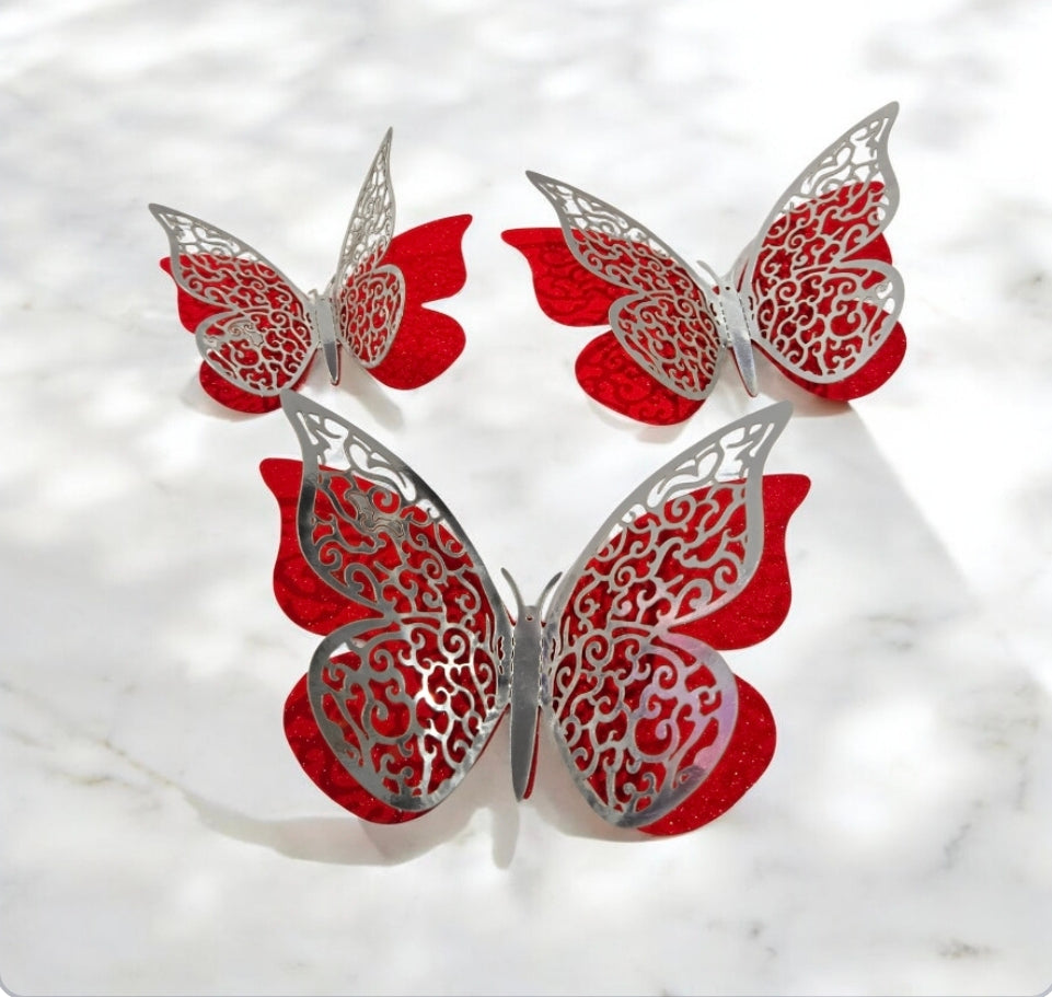 12pc-RED-3D Double Layer Glitter Butterfly