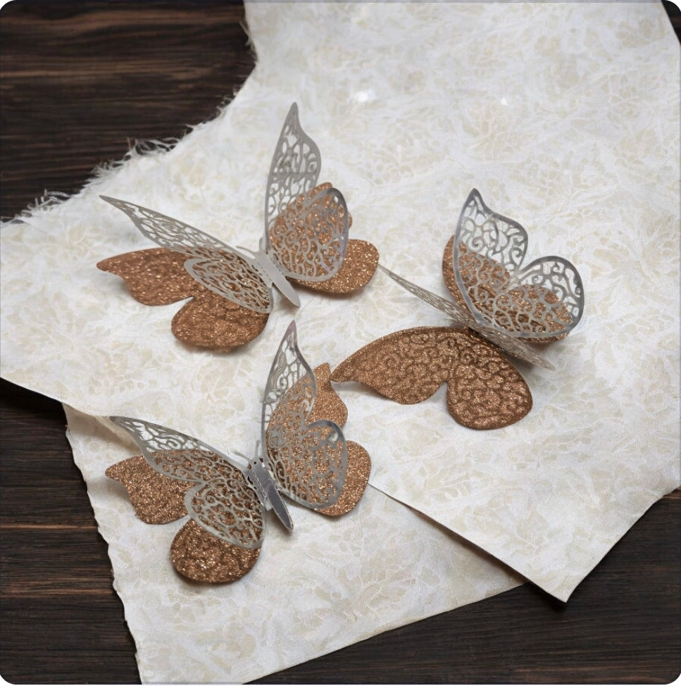 12pc-Rose Gold-3D double layer Glitter Butterfly