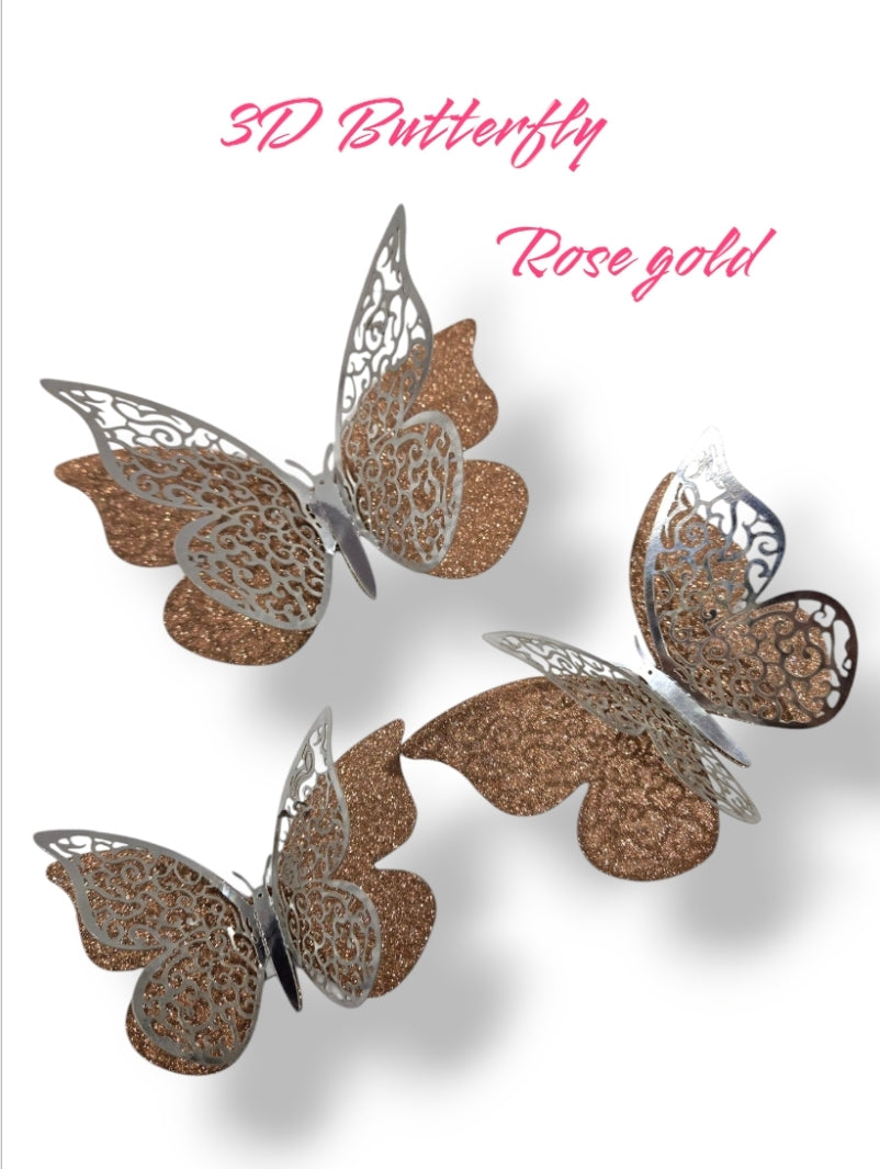 12pc-Rose Gold-3D double layer Glitter Butterfly